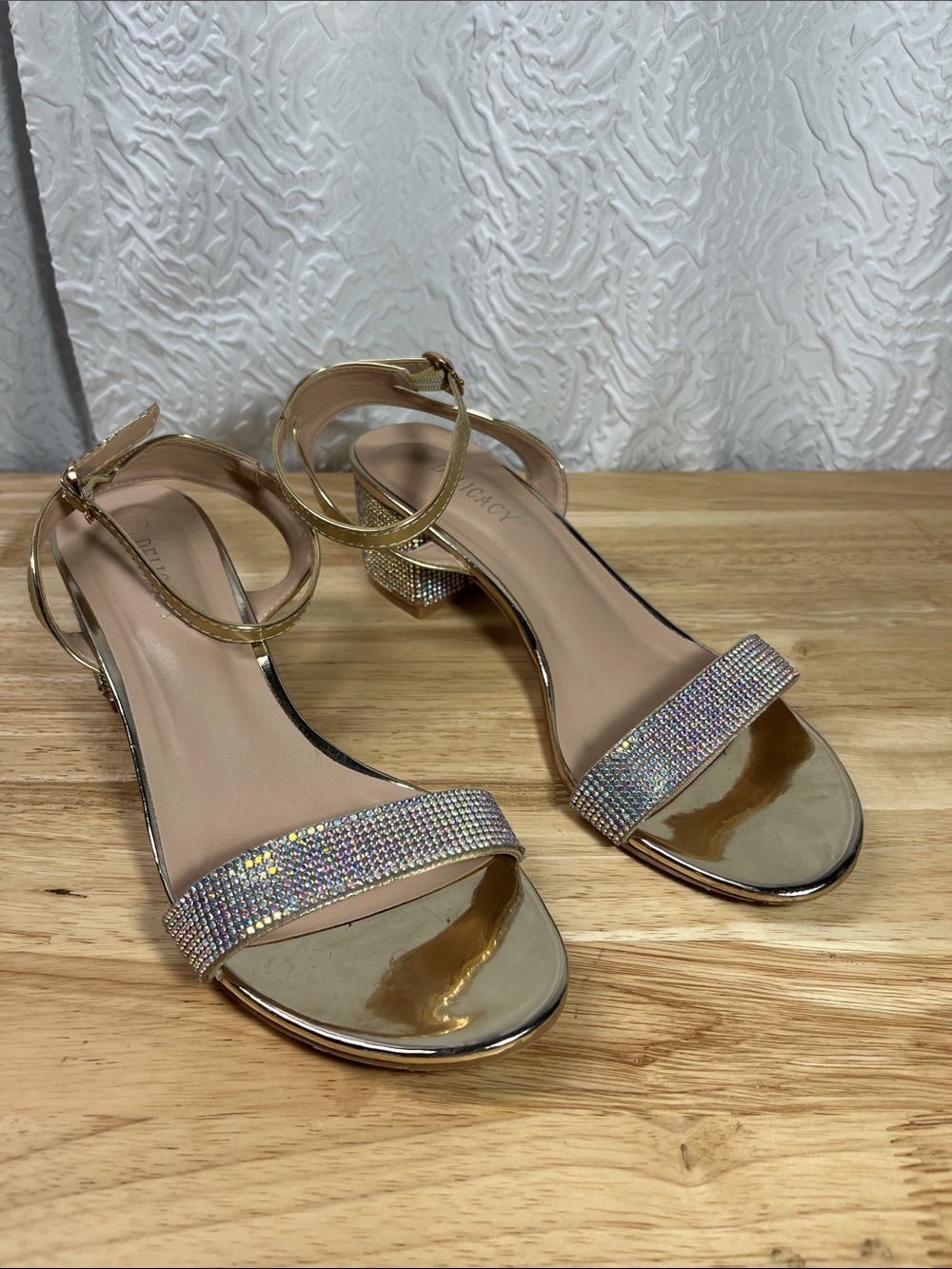Delicacy Gold Metallic Rhinestone Low Block Heel Ankle Strap Sandals